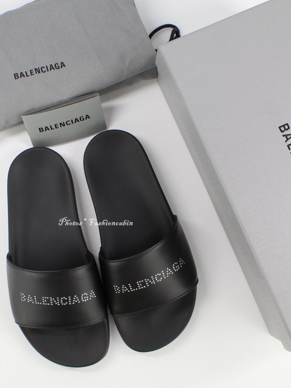 NEW BALENCIAGA Crystal Embellished Leather Slides, Black, EU 38